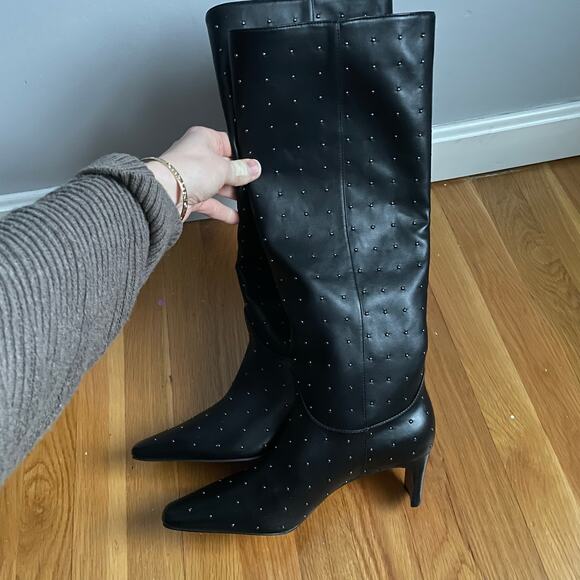 Aqua Black Tall Heris Studded Pointed Toe Boots 2" Heel Size 8.5 Punk Goth - Picture 5 of 5